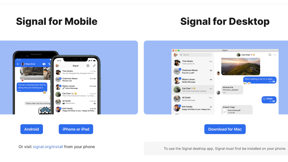 navigating through Signal's user interface for mobile (android and iphone) and Signal for desktop